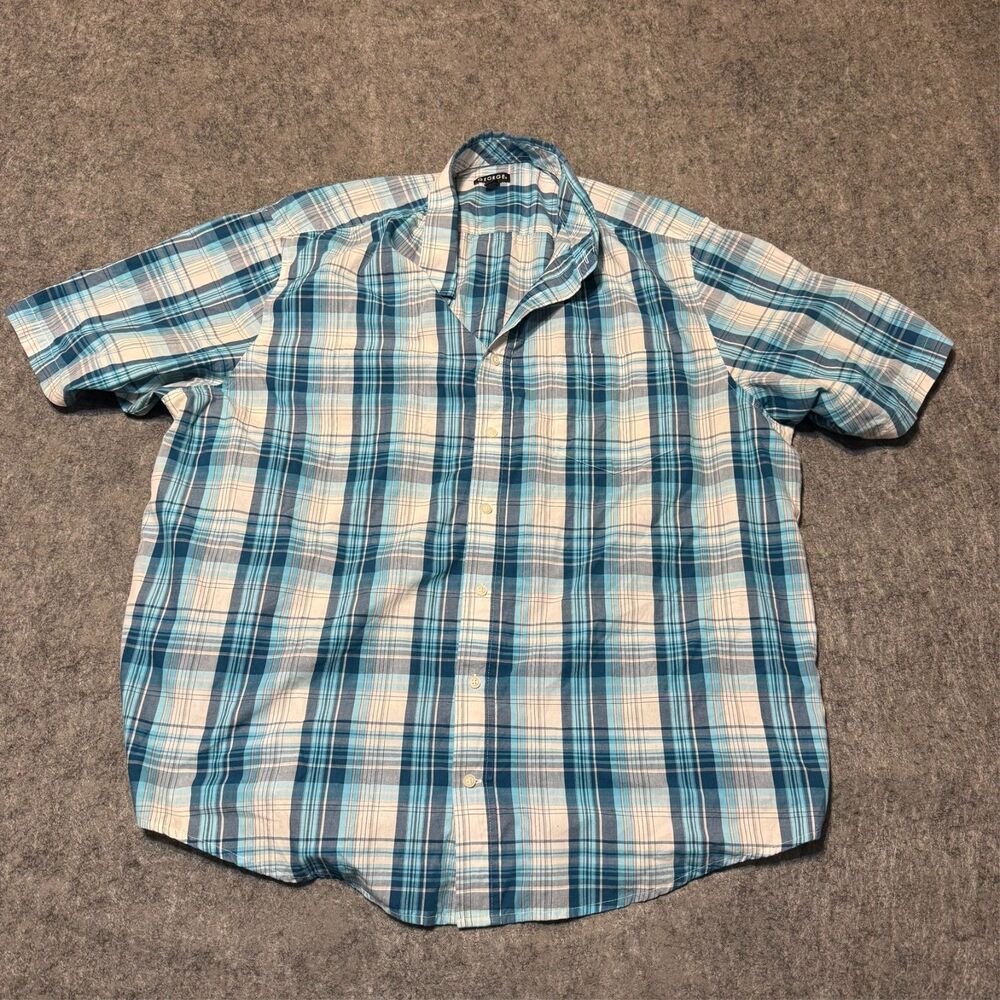George Mens Shirt Size 2XL Blue White Grey Plaid Short Sleeve Button Up